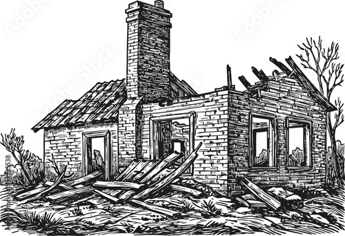 Dilapidated brick house ruins with broken roof and scattered wooden debris in overgrown yard