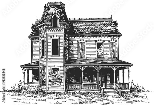 vintage haunted victorian house with broken windows and boarded doors in black and white sketch