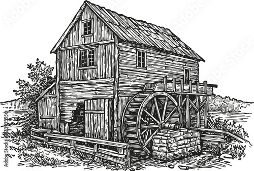 Vintage wooden watermill with large water wheel beside a rustic countryside house sketch