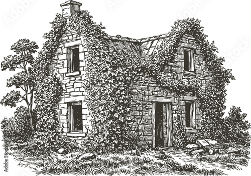 Abandoned stone house covered with climbing ivy and surrounded by grass and trees