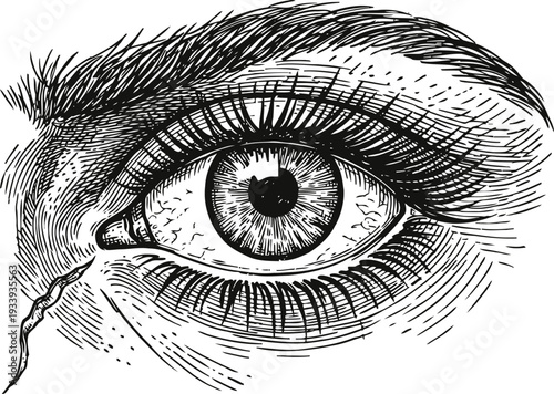 Detailed vintage engraving of a human eye with eyebrow and tear drop, black and white illustration