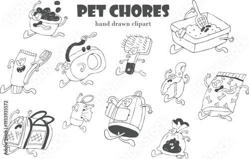 Funny hand drawn pet chores doodles