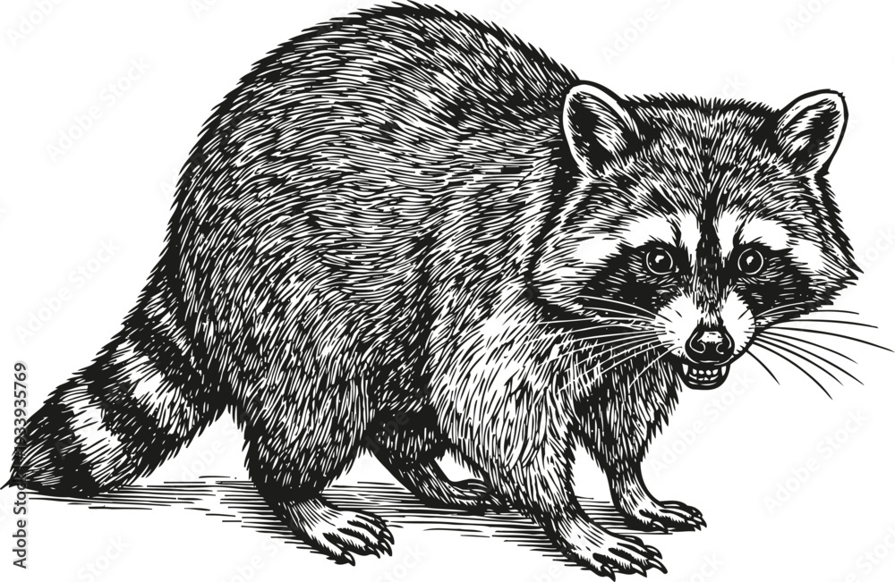 Naklejka premium Detailed black and white raccoon illustration wild animal with striped tail in vintage engraving