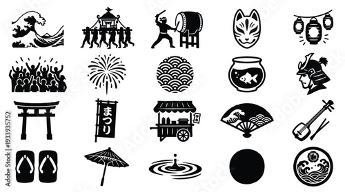 A collection of black and white Japanese cultural icons, including traditional festivals, symbols, and elements of daily life.