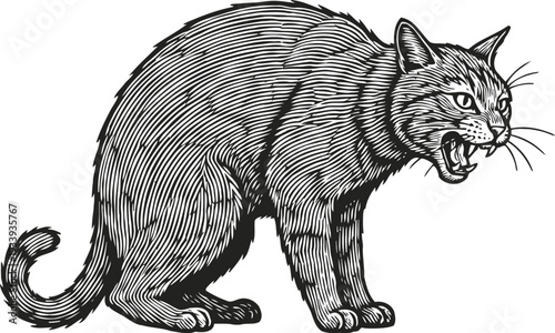Black cat hissing with arched back and raised tail aggressive feline showing teeth and claws vintage engraving illustration