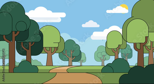 Flat design park path with trees and clouds
