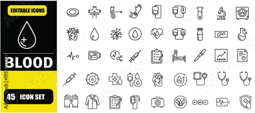 Blood Outline Icon Set, Medical and Healthcare, Blood Donation, Hematology, Laboratory Testing, Circulatory System, Linear Editable Stroke Vector Illustration