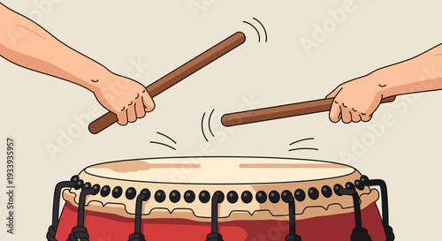 Hands playing taiko drum with drumsticks