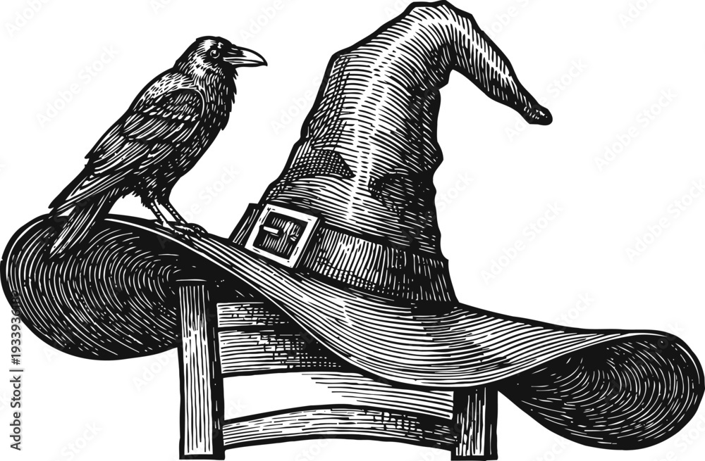 Fototapeta premium Vintage witch hat on a chair with a perched raven, spooky halloween illustration in black and white