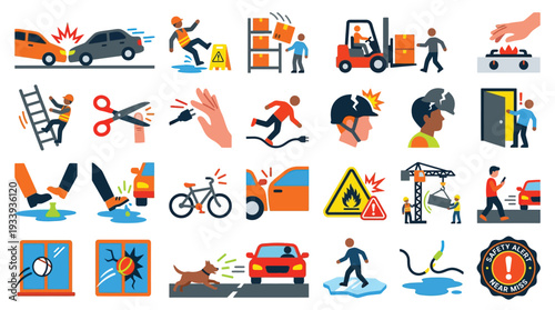 Collection of safety warning icons illustrating various workplace and everyday hazards, including accidents, injuries, and dangerous situations.