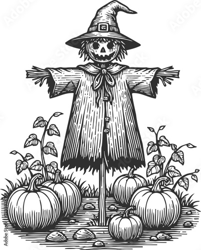 Spooky scarecrow with witch hat standing in pumpkin patch autumn halloween decoration