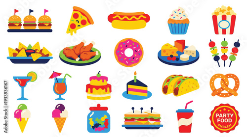 A vibrant collection of colorful illustrations depicting a wide variety of popular party foods and treats.