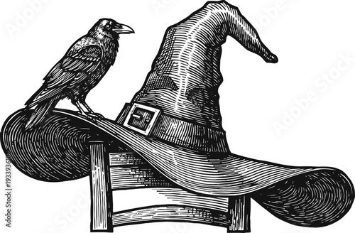 Vintage witch hat on a chair with a perched raven, spooky halloween illustration in black and white