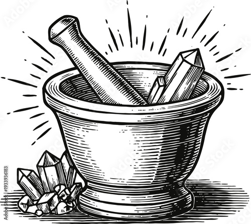 Vintage mortar and pestle with crystals engraving herbal medicine and alchemy concept illustration