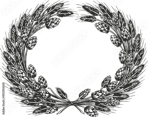 Black and white wreath of wheat and hops illustration vintage grain and brewing floral circle design