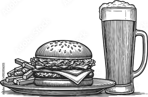 Classic cheeseburger with fries and frothy beer mug, delicious fast food meal on plate