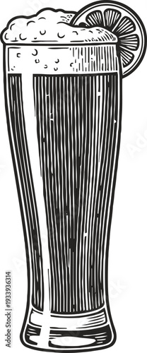 Tall glass of frothy beer with lemon slice garnish, vintage hand drawn illustration