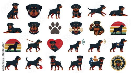 A comprehensive collection of Rottweiler dog illustrations showcasing various poses, activities, and emotions, including playful, protective, and resting stances.