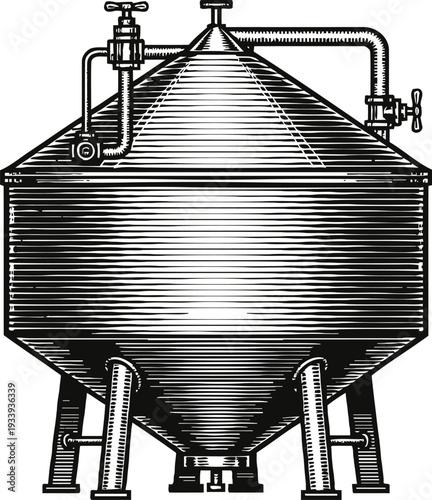 Industrial fermentation tank with conical bottom and attached pipes for brewing or chemical processing