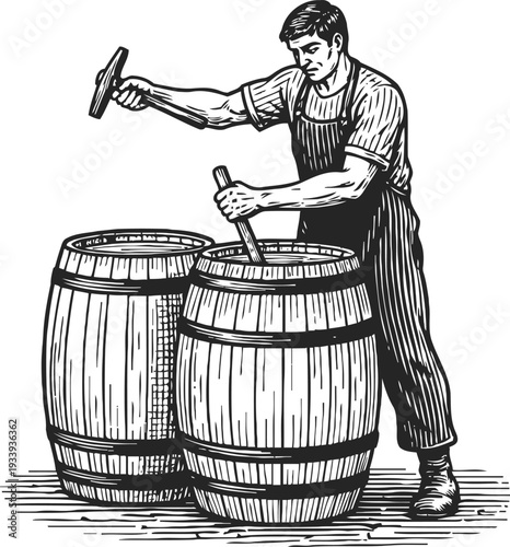 Cooper crafting wooden barrels with hammer and chisel traditional cooperage artisan working on oak casks