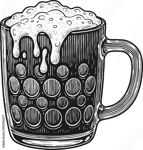 Foamy beer mug illustration hand drawn vintage glass with frothy beer and detailed bubbles