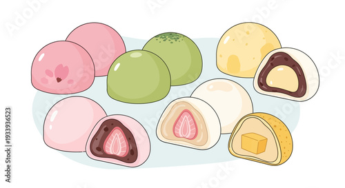 Assorted Mochi Desserts: Strawberry, Matcha, and Custard Flavors