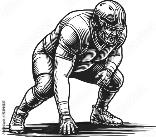 American football player in crouching stance ready for action sportsman wearing helmet and protective gear