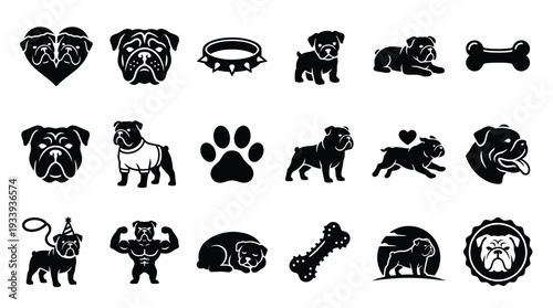 A collection of black and white silhouette icons featuring bulldogs in various poses and contexts, including hearts, collars, bones, and athletic representations.