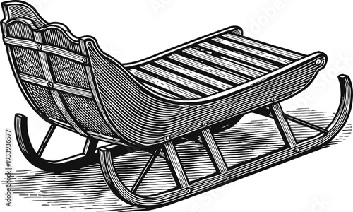 Vintage wooden sleigh with curved runners and slatted seating, winter transportation illustration