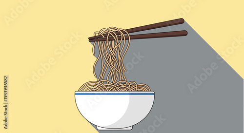 Chopsticks Lifting Noodles from Bowl, Asian Food Illustration