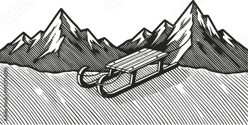 Wooden sled resting on snowy hill with mountain backdrop, winter outdoor recreation vintage engraving