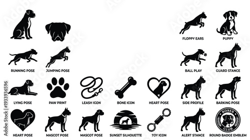 Collection of Boxer dog silhouettes in various poses and iconic representations, including paw prints, bones, and heart shapes.