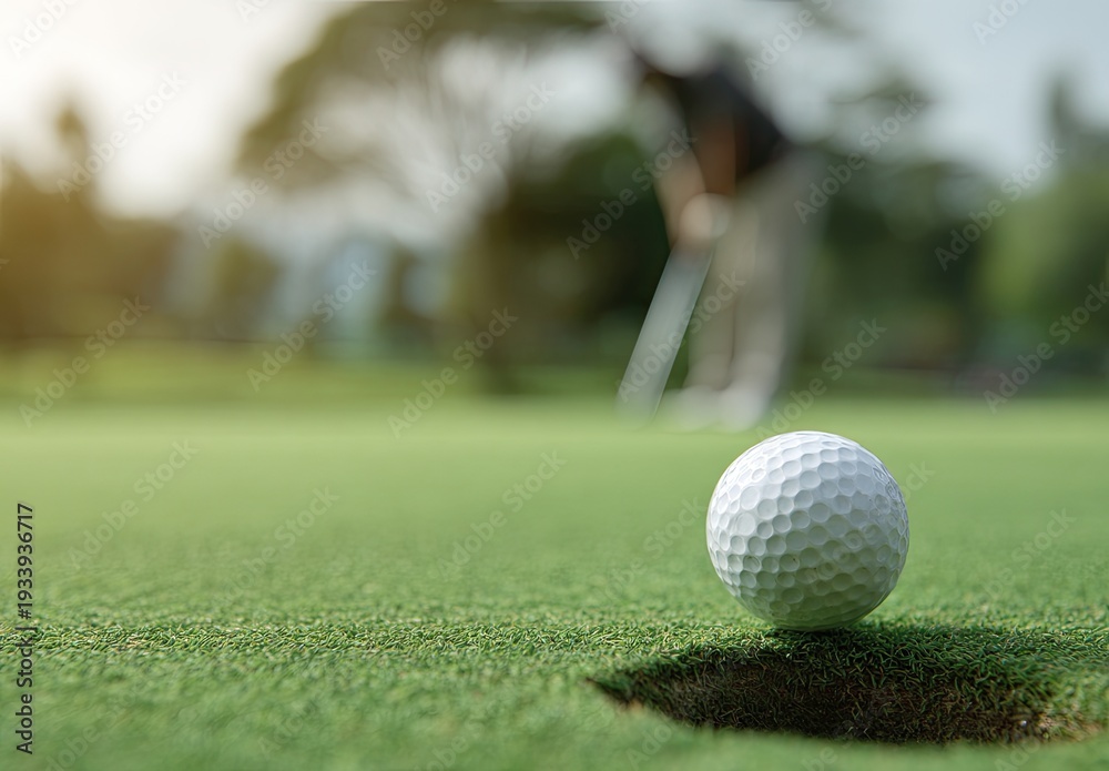 Obraz premium Close-up of golf ball near the hole, golfer blurred in the background, daytime, sunny outdoors