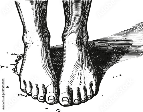 Bare feet standing on textured surface with detailed shadow and vintage engraving