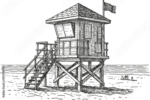 Lifeguard tower on the beach with flag, stairs, and sand, vintage hand drawn summer rescue station