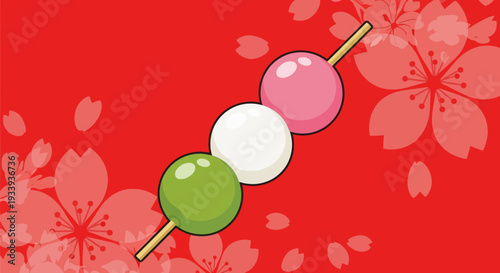Japanese Dango Dessert on Stick with Cherry Blossoms