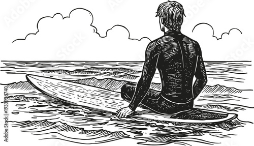 Man sitting on surfboard in ocean waves, wearing wetsuit, enjoying calm water and seascape
