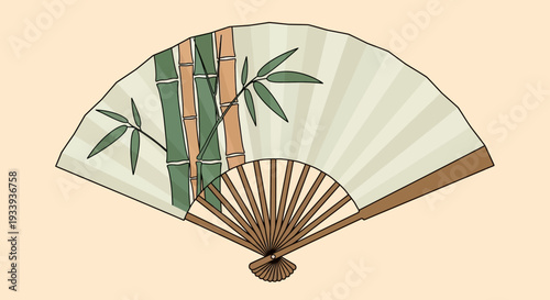 Japanese Bamboo Fan with Green Bamboo Design