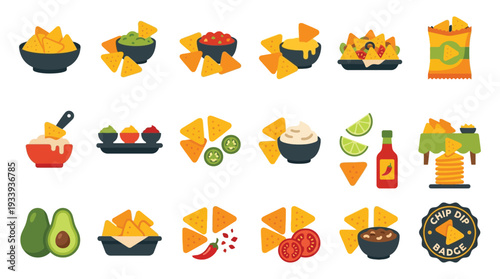 A vibrant collection of nacho and chip-related illustrations, showcasing various dips, toppings, and serving styles.