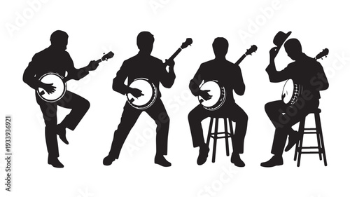 Vector Illustration Of Silhouette Musicians Playing Banjo For Music And Entertainment Concept
