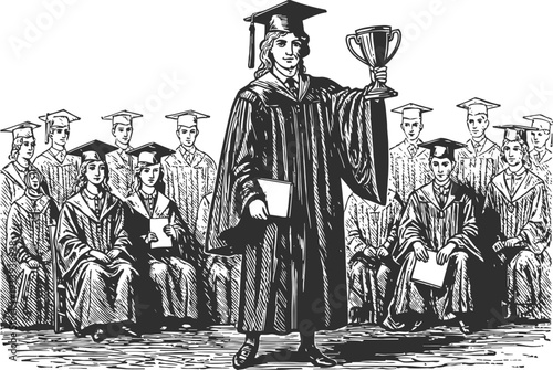 Graduate holding trophy and diploma, celebrating academic achievement in cap and gown