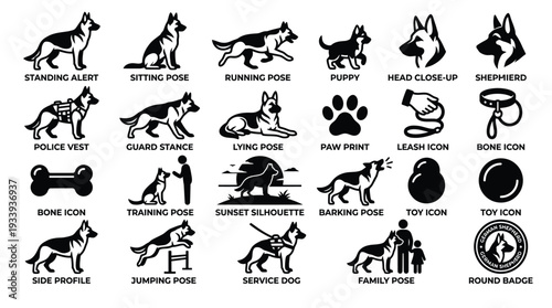Collection of German Shepherd dog icons and illustrations depicting various poses, activities, and accessories.