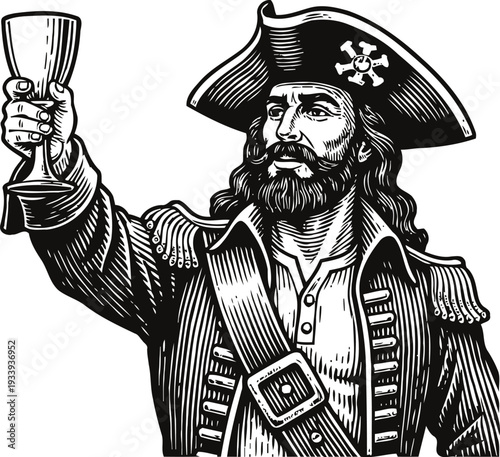 Classic pirate captain raising a goblet in a celebratory toast, vintage black and white engraving