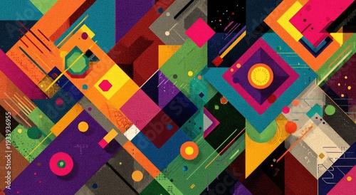 Vibrant geometric composition with shapes, lines, and textures in a kaleidoscopic array
