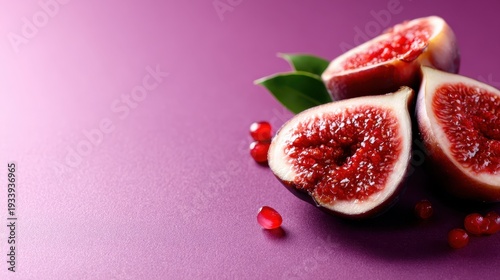 Wallpaper Mural A striking close-up of fresh figs freshly cut in half, revealing their vibrant red flesh and tiny seeds against an elegant purple background for a delicious presentation. Torontodigital.ca