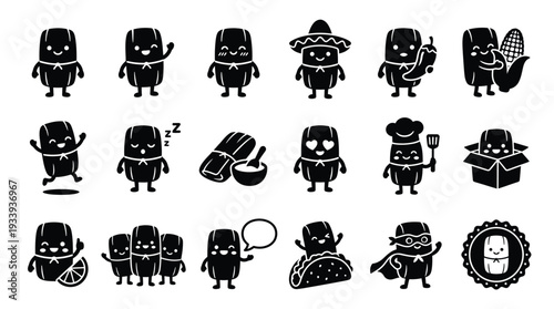 A collection of 20 black and white cartoon illustrations of a cute tamale character in various poses and situations, representing different emotions and activities.