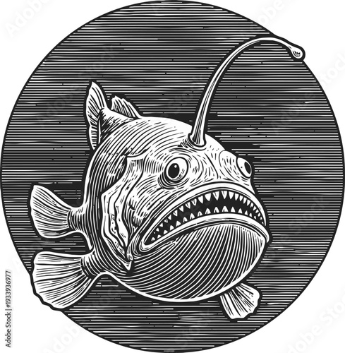 Deep sea anglerfish with bioluminescent lure in dark ocean background detailed engraved illustration