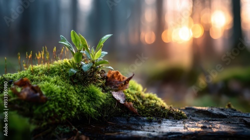 A beautiful close-up of vibrant green moss growing on a log in a serene forest, illuminated by soft sunlight filtering through trees, evoking a sense of tranquility.