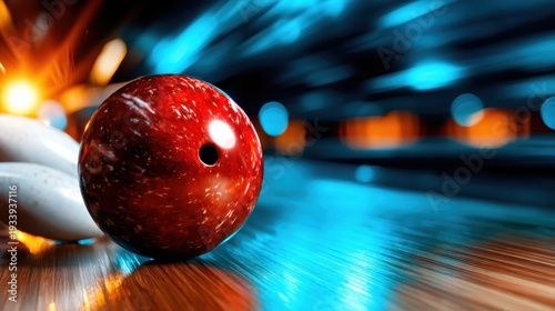 Wallpaper Mural A close-up view of a striking red bowling ball in motion across a shiny lane, capturing the dynamic energy and excitement of a bowling game under bright lights. Torontodigital.ca