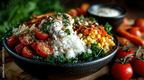 Wallpaper Mural A beautifully arranged rice bowl featuring vibrant tomatoes, corn, and greens, topped with a tangy sauce, perfect for a healthy meal that bursts with flavor. Torontodigital.ca